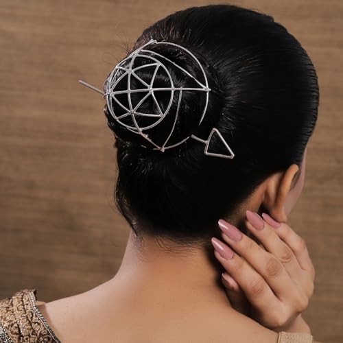 Image of Hair Bun Cage Accessory for Women | Handcrafted Brass Juda Cover with Stick | Anti-Tarnish Traditional Hair Accessory for Wedding & Festive (Fashionable Hair Bun (Silver))