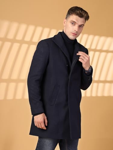 Image of CHKOKKO Men Stylish Long Winter Coat Single Breasted Thigh Length Overcoat with Elegant Spread Collar & Practical Front Side Pockets for Formal or Semi-Formal Occasions