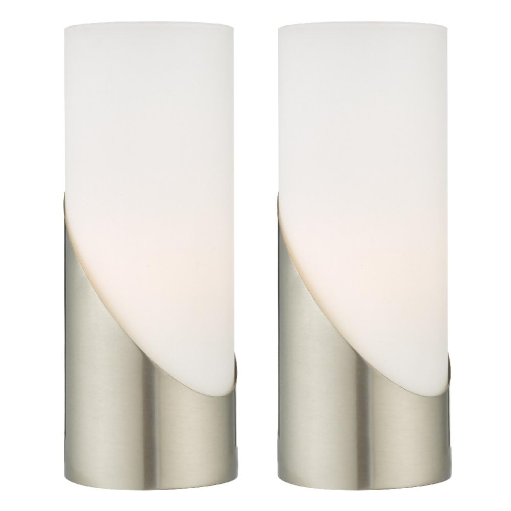 Britalia Silver 2 Pack - Satin Nickel & Frosted Opal Glass Modern Cylindrical Touch Control Table Desk Lamp | 25Cm Height | 1 X Ses E14 Lamp Bulb Required | 3 Stage Dimmer | Vintage Influence