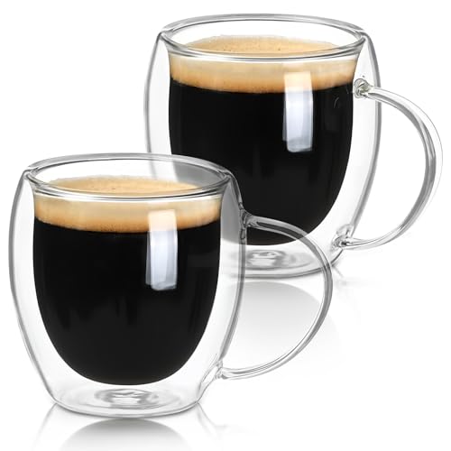 Double Walled Glass Espresso Cups Set of 2 - 5 oz Clear Insulated Mugs