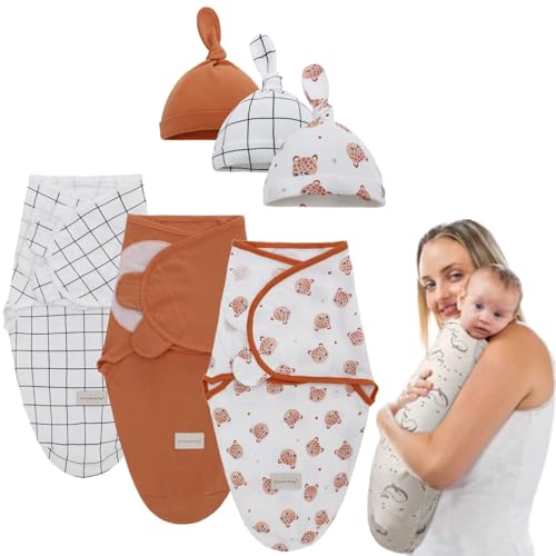 Image of mutualproducts Baby Swaddles with Hats for Newborn Boys and Girls - 3 Pack Organic Cotton Easy Adjustable Swaddle Blanket - Infant Cozy Sleep Sack Baby Swaddle (Orange Bear, Small/Medium 0-3 Months)