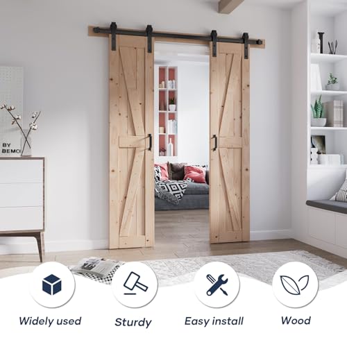 FREDBECK 36 x 84 Inch (Double 18x84 Inch Doors) Barn Doors with 6.6FT Barn Door Hardware Kit and Handle Included K Shape Solid Natural Spruce Need to Assembly