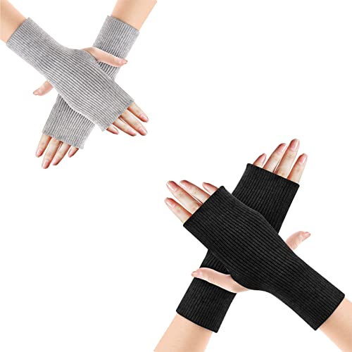 2 Paar Handschuhe Fingerlos Handschuh Ohne Fingerspitze Damen Winter Pulswärmer Handstulpen Warme Weiche Strickhandschuhe Winterhandschuhe Halb Fingerlose Handstulpen Fäustlinge Kurzer Schwarz/Grau Cover