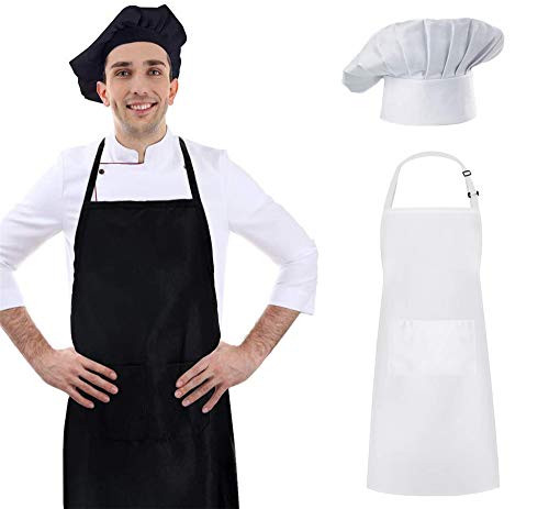 CXING Toque de chef et tablier pour adulte en polyester uni réglable et élastique avec deux poches, accessoire de fête de Noël pour l'école à la maison - Blanc
