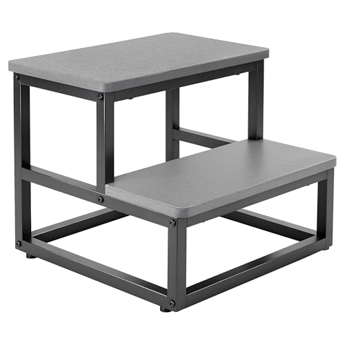 Step Stools for Adults Kids, Heavy Duty 2 Step Stool with 500 Lbs Capacity Non-Slip Feet and Rounded Edges Wooden Foot Stool for High Bed Kitchen Bathroom RV Outdoor Grey