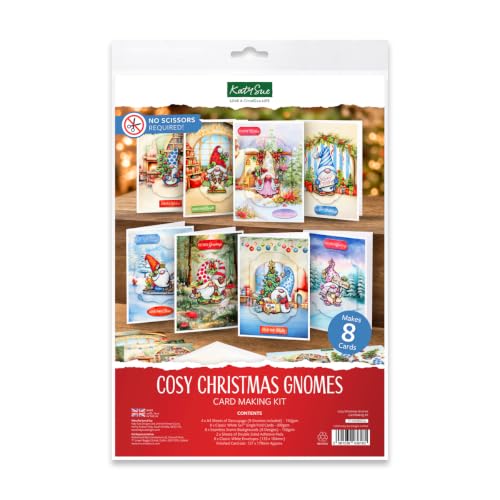 Katy Sue Cosy Christmas Gnomes Card Making Kit | Makes 8 Handmade Christmas Cards | Die Cut Toppers Backgrounds & Foam Pads Included