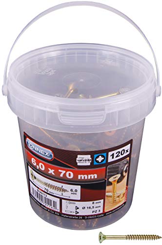 Connex Universalschrauben 66,0 x 70 mm (120 Stück) im Set - Senkkopf - PZ Pozidriv-Antrieb - Teilgewinde - Gelb verzinkt / Schrauben-Set / Schrauben-Eimer / B30113
