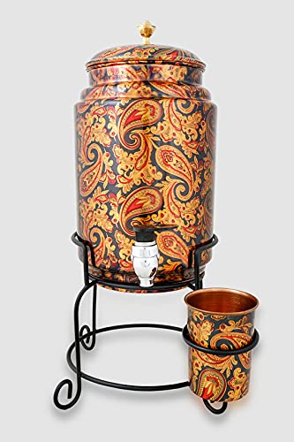 JR Handicrafts World Green Print 5 Liter Copper Water Dispenser Matka Tank Pot with 1 Glass and Iron Stand - 5000 ml,Design-1