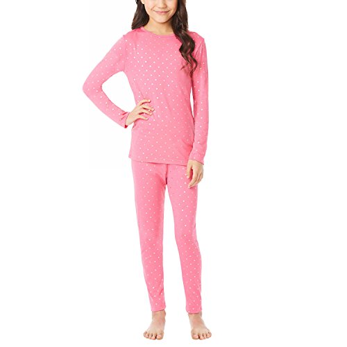 32 Degrees Weatherproof Big Girl's Base Layer Thermal Shirt Long Underwear Set, Pink Foil Star, X-Large