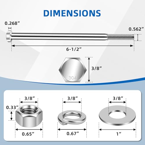 Image of Mellewell 3 /8-16 x 6-1 /2 inch Hex Head Bolts with Hex Nuts and Thick Flat & Lock Washers, Partially Threaded, Stainless Steel 18-8, Plain Finish, 4 Sets