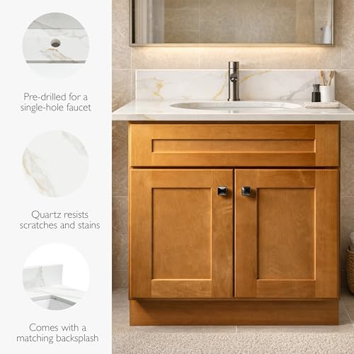 Image of Design House Calesco Calacatta Quartz Bathroom Vanity Top, White with Taupe and Grey Veining, White Bowl, 31 in L x 22 in W x 12.5 in H, with Backsplash, Single Hole, 227900-CC-SH