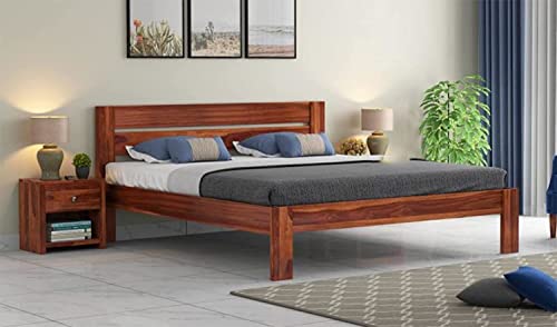 TREE MART Wooden Queen Size Bed Without Storage | Wooden Double Bed Cot Bed for Bedroom Furniture | Palang Double Bed for Hotels | Solid Sheesham Wood, Honey Finish, Mattress Size: 78 X 60 in