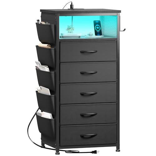 EnHomee Tall Night Stand with 5 Drawers, LED Nightstand with Ports & Outlets, Bedside Table with Extra Side Bag & Storage Shelf & Hooks, Bedroom, Dorm, Closet