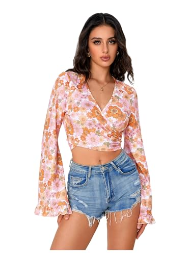 Verdusa Women's 70s Floral Print V Neck Tie Back Bell Sleeve Wrap Crop Top Blouse