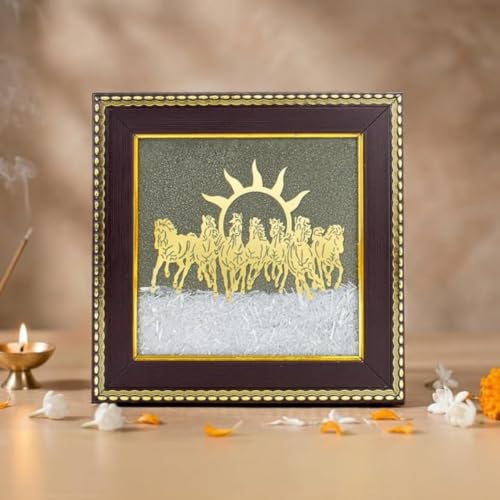 Image of Astrotalk 7 Horses on Pyrite with Selenite Dust Frame | Seven Horses for Success, Growth & Wealth | Elegant Home Decor for Living Room & Office | Vastu Items for Housewarming Gift