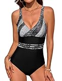 FemiChic Bañador Mujer Reductor Barriga Escote en V Sexy Push Up con Relleno Swimsuit Estampados de Lunares y Rayas a la Moda Piscina en la Playa(Negro Blanco Gris,L)
