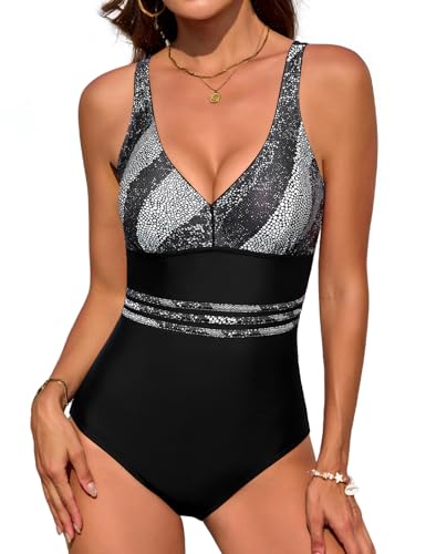 FemiChic Bañador Mujer Reductor Barriga Escote en V Sexy Push Up con Relleno Swimsuit Estampados de Lunares y Rayas a la Moda Piscina en la Playa(Negro Blanco Gris,M)