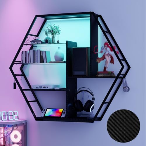 YU YUSING Schwebende Regale mit RGB 7 Farben, Wandregal Gaming Display-Regale mit 8 Haken, Wandvitrine mit 2 Glasböden, Hängevitrine für Schlafzimmer Spielzimmer-Dekoration, Hexagon Carbonfaser-Finish YU YUSING Schwebende Regale mit RGB 7 Farben, Wandregal Gaming Display-Regale mit 8 Haken, Wandvitrine mit 2 Glasböden, Hängevitrine für Schlafzimmer Spielzimmer-Dekoration, Hexagon Carbonfaser-Finish