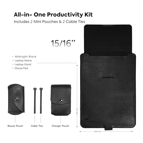 Image of TECHIE 3-in-1 Laptop Sleeve for 15-16 inch Laptops Midnight Black PU Leather Sleeve Convertible Stand Mouse Pad with Accessories Pouch
