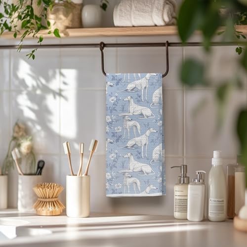 Image of Light Chinoiserie Greyhound Kitchen & Hand Towel, Whippet Dog Dish & Tea Towels,Blue Floral Dog Lover Gifts for Women, 16x24 Inch