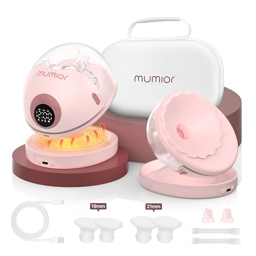 Mumior Extractor de leche manos libres con base calentada, extractor de lactancia portátil para bebé, base a prueba de polvo, indicaciones de voz automáticas, pantalla LED con 4 modos y 12 niveles