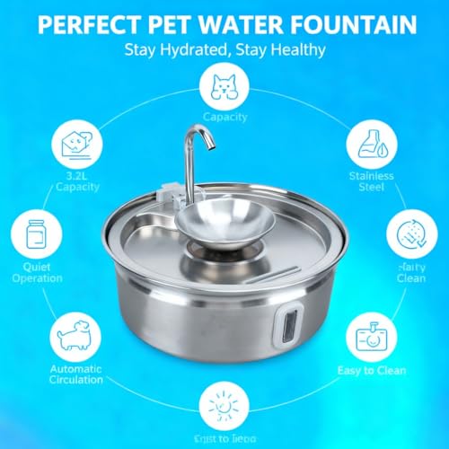 Fuente de agua para gatos acero inoxidable 3.2L automática miniatura 5