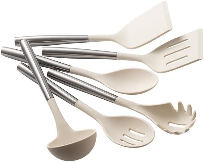 White Silicone Stainless Steel Hand Handled Spatula Spoons 6 Piece Set Stir Frying Soup Spoon Cooking