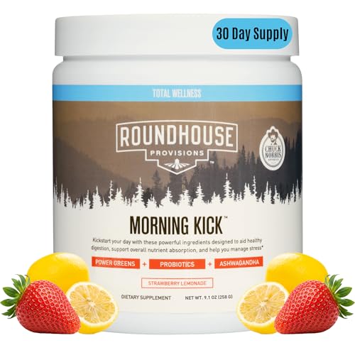 Image of ROUNDHOUSE PROVISION Morning Kick Greens, Strawberry Lemonade, 30 Servings | Greens Superfood Powder for Gut Health, Sugar Free, Caffeine Free, Ashwagandha, Collagen Peptides, Probiotics, Chuck Norris