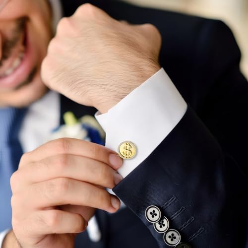 HAWSON Super Shiny Gold Cuff Links Mens, Dollar Sign Personalized Cufflinks for Men 14K Gold Plated, Dad Groomsmen Gifts, Business Wedding Suit Shirt Accessories - Thumbnail 4