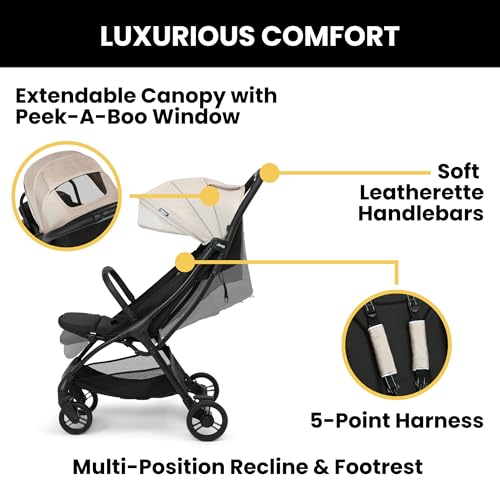 Image of Jeep Altitude Compact Travel Stroller by Delta Children Greenguard Gold, Easy One Hand Fold, Lightweight, Extendable Canopy with Peek-a-Boo Window, Reclining Seat, 4 Wheel Suspension, Tan