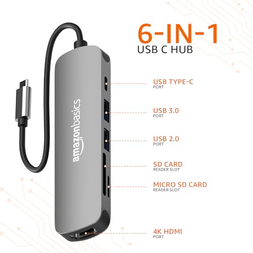 Image of Amazon Basics 6-in-1 Hub Multiport Adapter, USB Type-C with Aluminium Shell, HDMI 4K@60hz, 1xUSB 3.0, 1xUSB 2.0, 60W PD, SD /TF Card Reader for MacBook Pro, MacBook Air, Type-C Devices