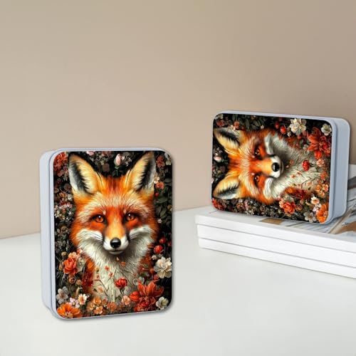 Image of Metal Tin Box with Lid,Multi-functional Storage Large Box Can Store Tea Biscuits Game Cards, Playing & Tarot Cards-Comes with 4 Magnetic Cord Clips,Fox Surrounded by Flowers