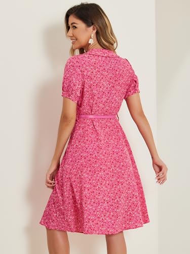 Image of Allegra K Women's Peter Pan Collar Tie Neck Short Sleeves A-Line Elegant Belted Vintage Floral Dress