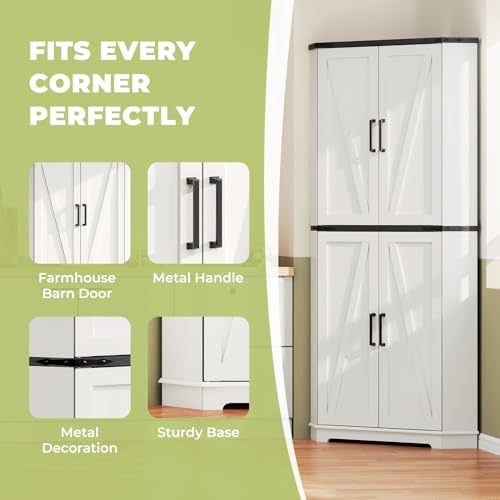 Image of Dripex 71 inch Corner Cabinet White, Farmhouse Kitchen Pantry Cabinet with Doors Storage & Adjustable Shelves, Tall Corner Storage Cabinet with LED Light, Food Pantry for Living Room, Dining Room