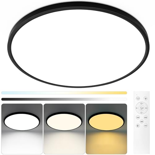 20 Inch Black Led Ceiling Light, Dimmable with Remote Control, Modern, Ultra Thin Flush Mount, Round Light Fixtures, 48W, 4800 Lumen, for Bedroom, Living Room, Kitchen, Dining Room