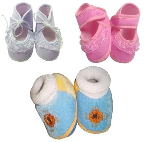 Suman Trader Baby Shoes & Sandals | Soft Cotton Booties with Anti Slip EVA Sole First Walking Shoes for Kids White-Pink-Blue 6-9 Months-image-26