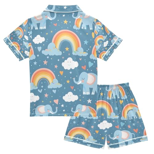 senya Elephants Rainbow Satin Summer Pajama Sets Silk Short Sleeve Button Down Sleepwear2