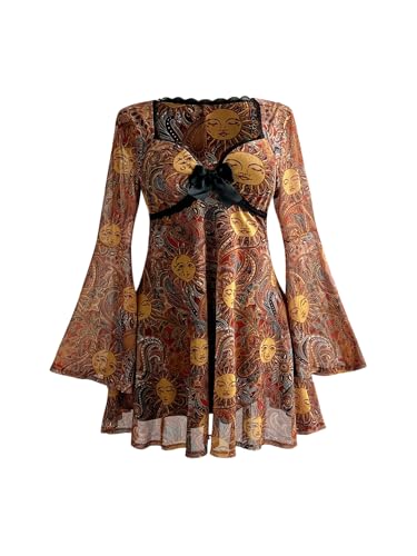 BEAUDRM Women's Plus Size Fall Hippie Boho Dress Lace Mini Dresses