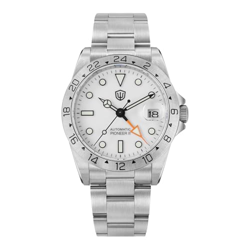 Image of watchdives GMT Watches for Men Dual Time Diver Watch WD16570 NH34 Automatic Wrist Watch 39mm Sapphire Crystal Waterproof 100M GMT Watches for Men Dual Time, V2 White Dial/Orange Hands, bracelet