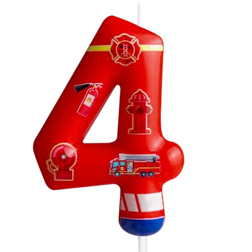 4th Birthday Candle Firetruck Number 4 Candle Fire Truck Cake Decoration Birthday Party Supplies Red Firefighter Extinguisher Themed Cake Topper Decorations for Kids Boy Girl Party Decor Supplies