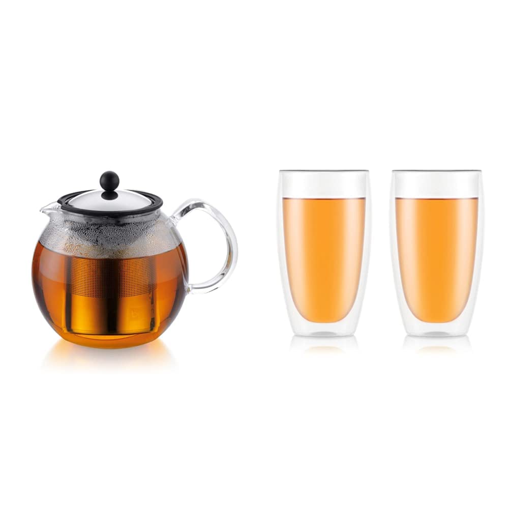 Théière à piston Bodum en verre 1.5L pour partager un thé chaud dans des verres double paroi