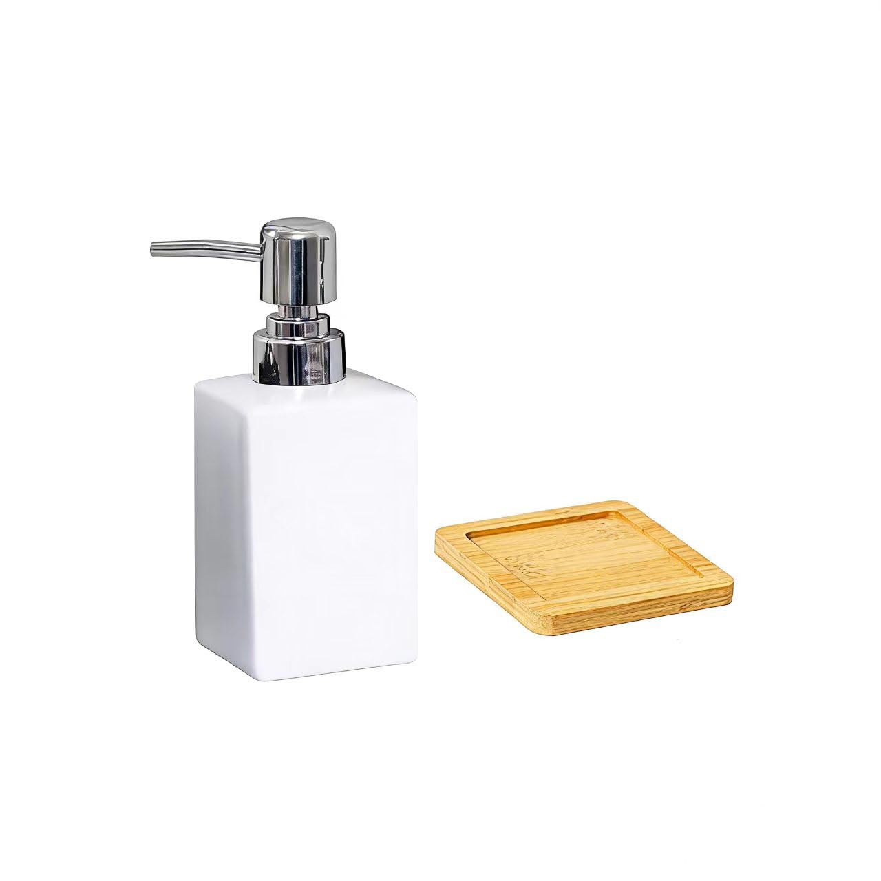 Nowoczesny biały kwadratowy dozownik mydła z tacą 325 ml pompa do mydła w płynie do łazienki i kuchni na blat - stylowy design do wielokrotnego napełniania do domu i biura