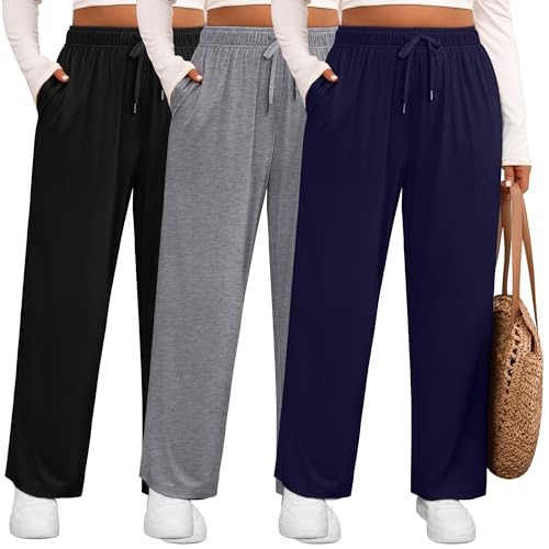 Huukeay 3 Pack Women Plus Size Pants, Straight Wide Leg Lounge Pants Drawstring Elastic Casual Loose Trousers with Pockets