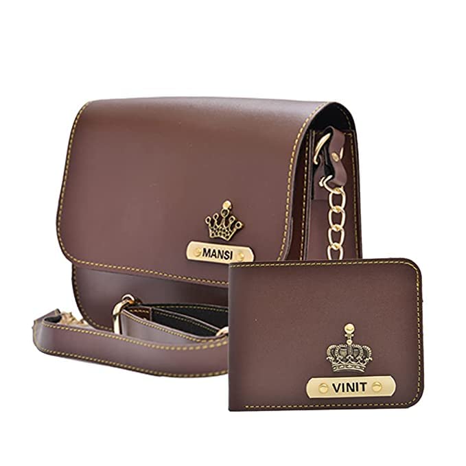 Ahimsa Leather Customized Couple Gift Combo | Personalized Men Wallet & Chain Sling Bag for Women | Couple Gift with Personalize Name & Charm (Brown)-image-45