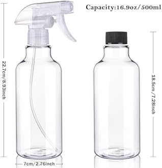 Plastic Spray Bottles Empty Spray Bottle 16.9oz/500ml 2 Pack Heavy Duty Spraying Bottles Mist/Stream Water Bottle for Cleaning Solutions, Essential Oils, Hair (Clear)