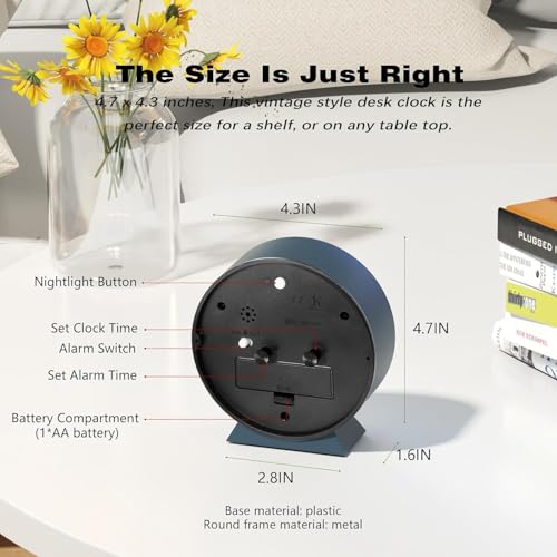 Image of JASIFS 4.5 inch Analog Alarm Clock, Retro Desk Clock Battery Operated,Slient Metal Table Clock with Light for Living Room Decor,Bedroom,Bedside (Navy Blue)