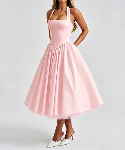 Image of Women Summer Halter Dress Low Cut Sleeveless A Line Tulle Swing Flowy Tea Length Dress Corset Prom Formal Ball Gowns