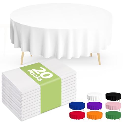 Pureegg Plastic Table Cloth Disposable 20 Pack, 84'' Round Table Cloths, Party, Picnic, Wedding, Decorative Tablecloths, Round, White Plastic Cover, Leakproof & Sturdy, White