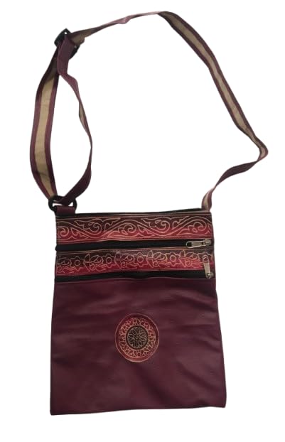 Image of Women Boho Style Burgundy Embroidered Crossbody Bag, Adjustable Strap Sling Purse with Zipper Pockets
