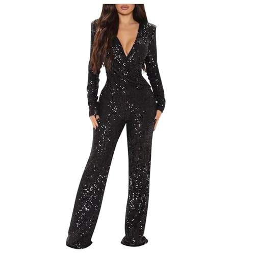 2024 Mono Peto Mujer Lentejuelas Jumpsuit Moda Vestidos de Noche de cóctel Fiesta Petos Pantalones Largo Traje de una Pieza Rompers Slim Fit Camiseta Manga Larga Cómodo Verano Primavera